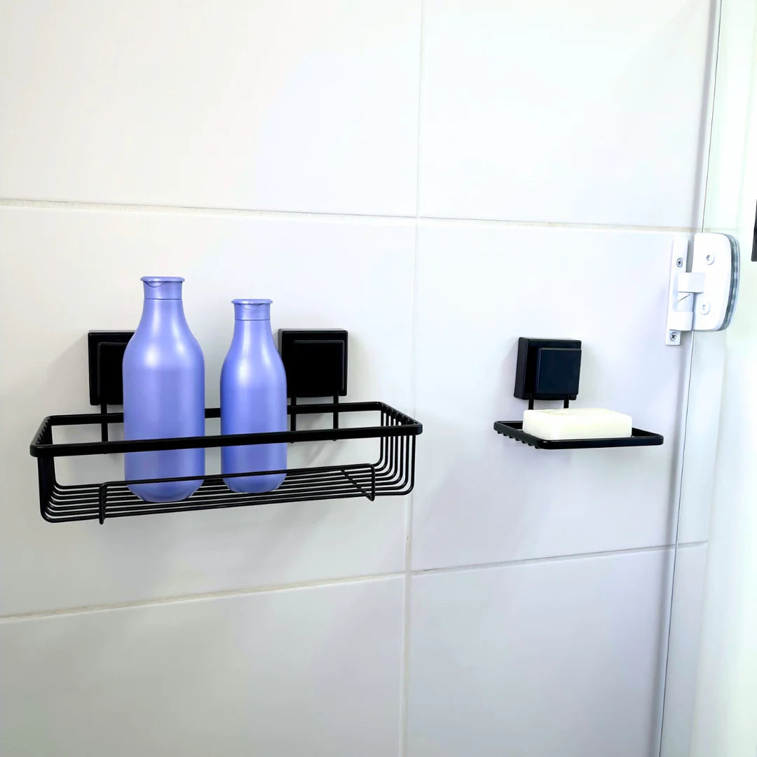 Suporte Moderno Para Shampoo Com Ventosa 28 cm Preto Fosco de Alta Resistencia