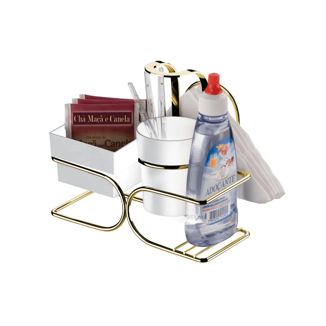 Conjunto para Sachês Chá Café Açucar e Adoçante Branco e Dourado