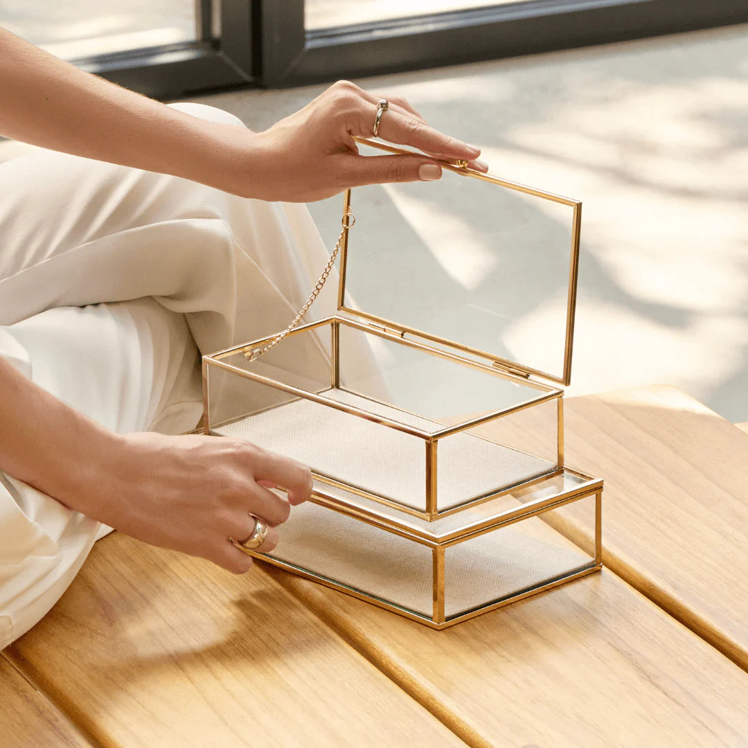 Caixa em Vidro com Metal e Linho 21cm P